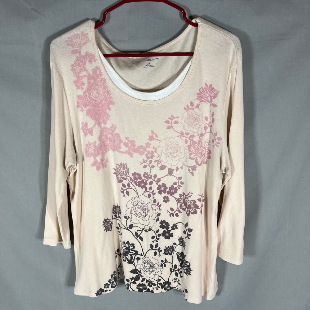 Croft & Barrow Floral Layered Neck Cotton Top Cream Womens XL